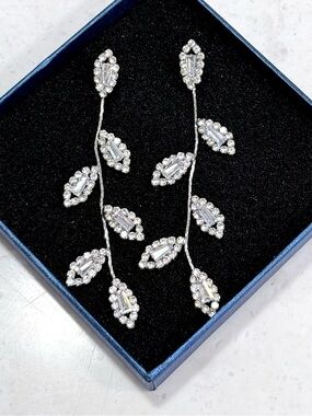 Elegant Silver Crystal Leaf Drop Earrings - White